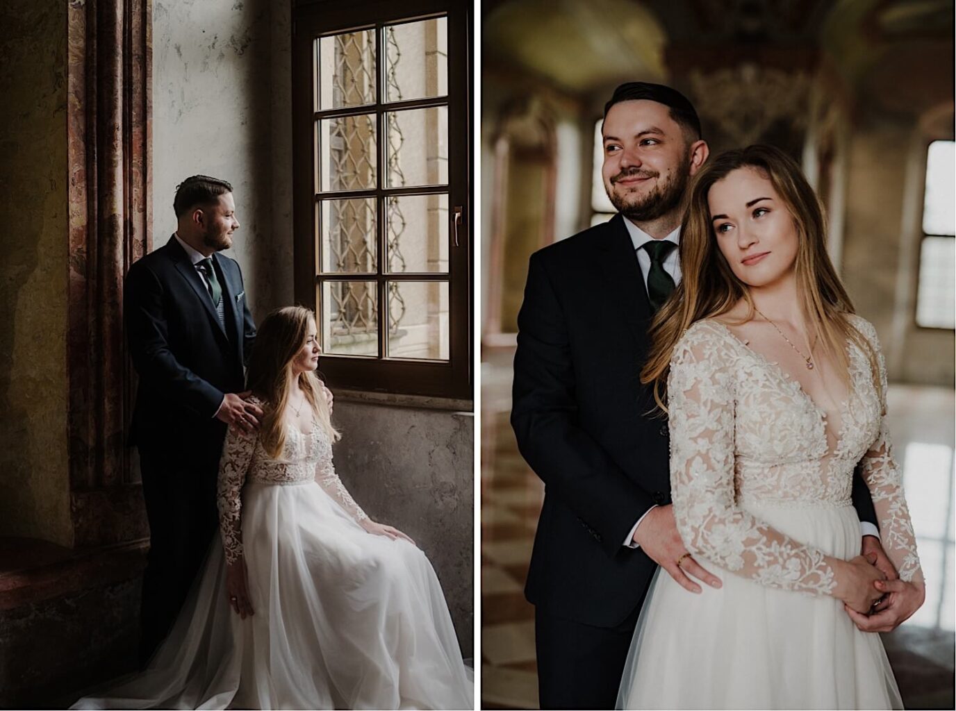 Para młoda pozująca przy oknie w opactwie cystersów w Lubiążu w czasie sesji ślubnej