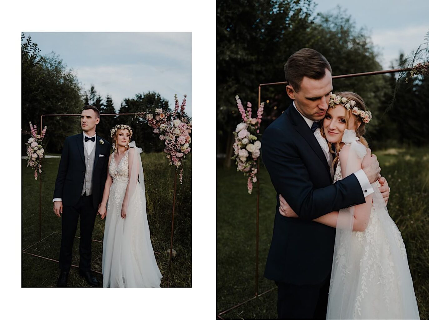 Przytulona para młoda pozuje na tle bramy ślubnej w stylu boho